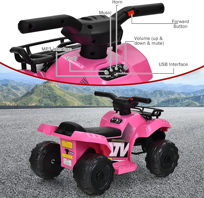 Costzon Kids ATV, 6V Battery Powered Electric Vehicle Four Wheeler Quad w/Storage Basket, Headlight, Horn, Music, MP3 & USB, Toddler 4 Wheeler Ride on Car Toy for Boys Girls 18-36 Months (Pink)