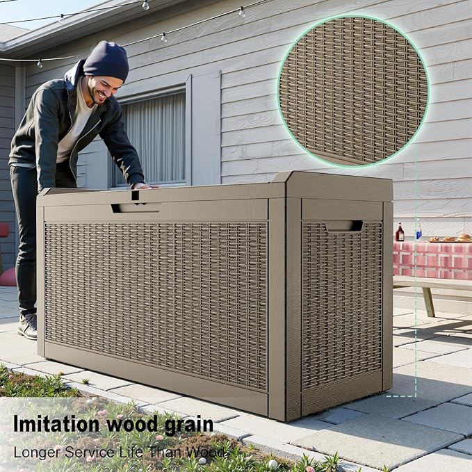 ROJIK Outdoor Storage Housing Deck Box,Waterproof Patio Furniture, Garden Tools, Cushions, Pool Accessories Storage Bench with Lockable Lid and Side Handles (Grey,60 Gallon)