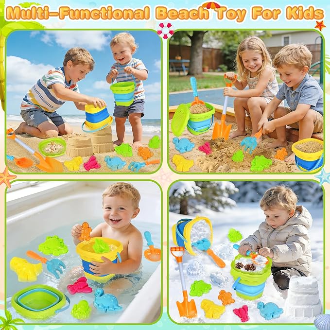 AuroTops Beach Toys for Kids,Collapsible Beach Buckets and Shovels Set with Mesh Bag,Sand Rake Toy,Cute Sand Molds for Kids and Toddlers Outdoor Toys,Summer Travel Beach Game Set