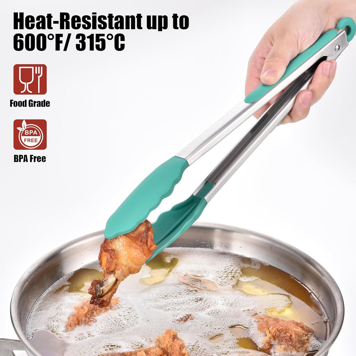 Doosu Kitchen Tongs for Cooking - 600°F Heat Resistant Food Tong Set with Non-Scratch Silicone Tips, Heavy Duty Stainless Steel Locking Tong for BBQ, Grilling Steak, Serving (7+9+12in, Aqua Sky)