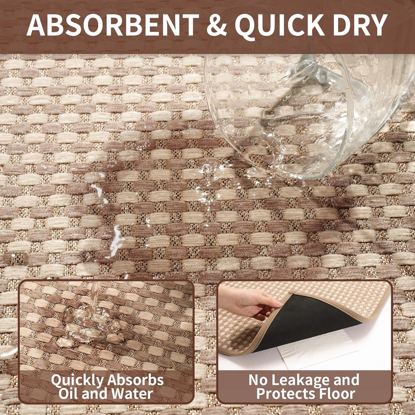 Kitchen Rugs Non Slip Washable, Rubber Backing Soft Chenille Braided Kitchen Mats for Floor, Super Absorbent Kitchen Runner Rug Standing Mat Sink Mat, Easy to Clean, Brown 17"x47"