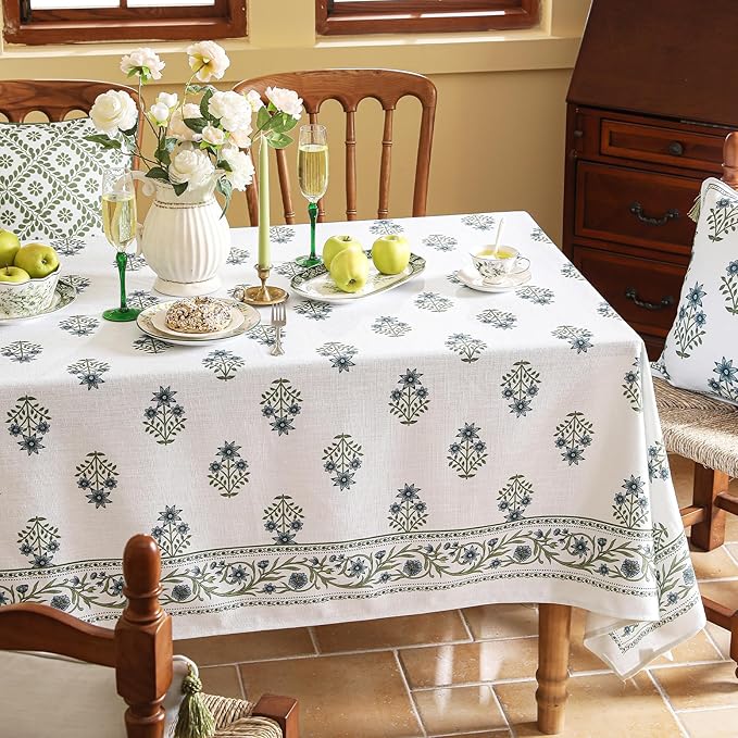 ISAENNE Designer White Linen Small Tablecloth Rectangular,Chinoiserie Floral Elegant Indoor Table Cloth,Fall Stain Proof Decor Tablecloths for Dining Thanksgiving Kitchen,55"*87"-Mosella F