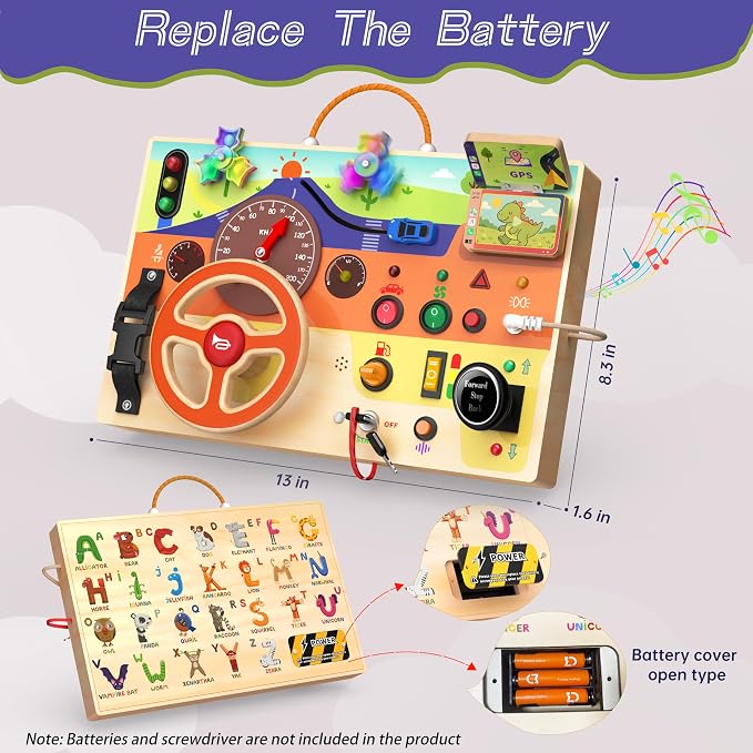 Busy Board Montessori Toys for Toddlers 1-3 with Steering Wheel, Lights & Switches, Wooden Driving Activity Board | Sensory Montessori Busy Board for 1+ Year Old, Toddler Learning & Travel Toy