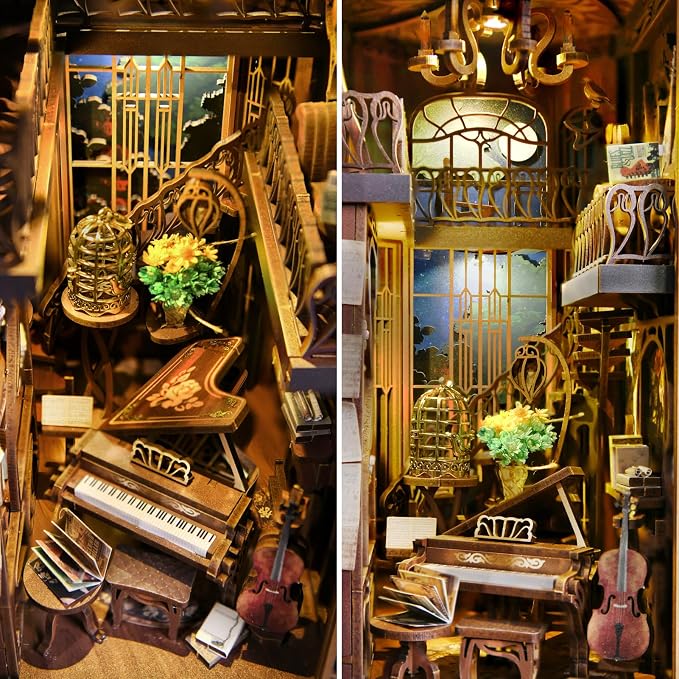 CCCDF Book Nook Kit, DIY Miniature Dollhouse Booknook Kit, 3D Wooden Puzzle Bookend Bookshelf Insert Decor with LED Light for Teens and Adults (Pianist with Nightingale)