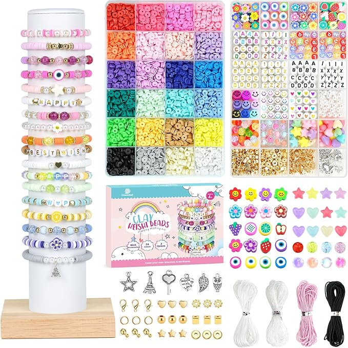 Dowsabel Clay Beads 7500 Pcs Friendship Bracelet Making Kit,2 Boxes 24 Colors Polymer Heishi Beads with Letter Beads for Jewelry Making, DIY Arts and Crafts Gifts Toys for Girls Age 4+