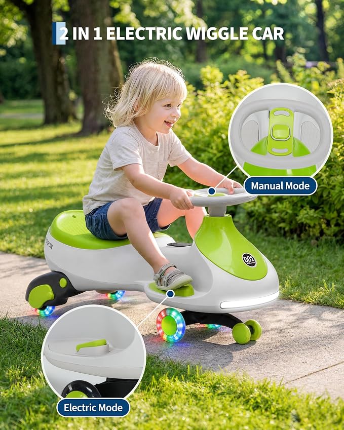 Garvee 12V Electric Wiggle Car for Kids, 2 in 1 Swing Car with Pedal, Anti-Rollover, Max Load 130Lbs,Flashing Wheels, Music,Rechargeable Battery Ride on Toy Indoor Outdoor for Toddlers, Gray