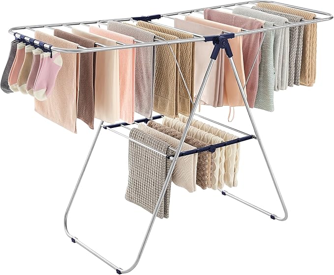 SONGMICS Clothes Drying Rack, with Sock Clips, Metal Laundry Rack, Foldable, Space-Saving, Free-Standing Airer, with 2 Height-Adjustable Gullwings, Indoor Outdoor Use, Silver and Blue ULLR52BU