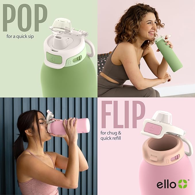 Ello Pop & Fill 32oz Stainless Steel Water Bottle with Quick Fill Technology, Double Walled and Vacuum Insulated Metal, Leak Proof Locking Lid, Sip and Chug, Reusable, BPA Free, Gloss Daisies