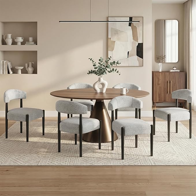 VKNOW Wooden Dining Chairs Set of 4, Modern Upholstered Dining Room Chairs with Black Rubberwood Legs and Curved Backrest, Fabric Kitchen Chairs for Dining Room, Heathered Off-White(Black Legs)