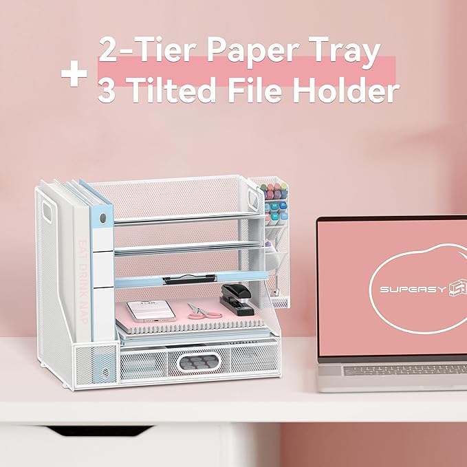 SUPEASY Desk Organizer with File Holder, 5-Tier Mesh Paper Letter Tray and 3 Tilted File Sorter for Office Supplies, White