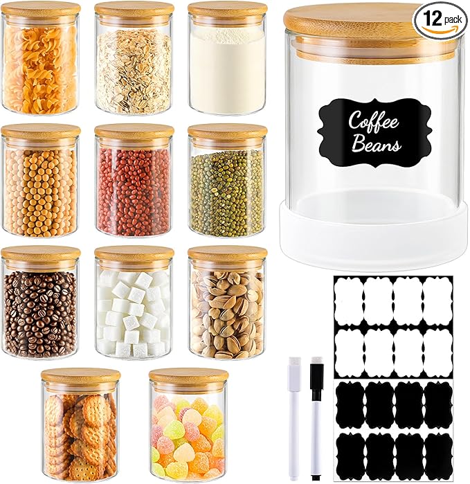 TBWIND 17oz Round Glass Storage Containers with Bamboo Lids – 12 Pack Small Airtight Clear Spice Jars for Pantry Organization, Kitchen Dry Food, Flour, Spice, Coffee Beans, Staples & Snacks