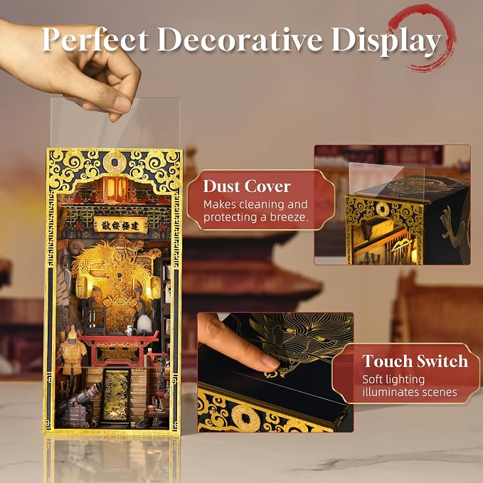 MiniCity DIY Book Nook Kit for Adults, 3D Wooden Puzzle Bookend Bookshelf Insert Decor with LED Light and Dust Cover (The Emperor's Study)