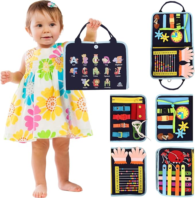 Busy Book for Toddlers - Montessori Busy Board with Sensory Activities for Learning Fine Motor Skills, Travel Toys for Toddlers for Airplane, Car. for Boys and Girls.