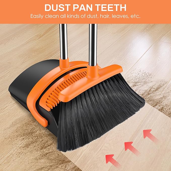 Broom and Dustpan Set for Home, 51-in Long Adjustable Handle Angle Broom and Dustpan Combo Set with Dust Pan Teeth to Clean Hair for Home Kitchen Office Lobby Floor Garden, Black Orange