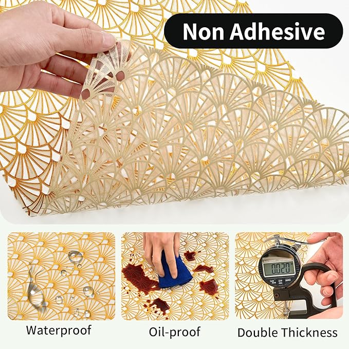 3D Drawer and Shelf Liner for Kitchen Cabinet: 12 in X 20 Ft 3D Waterproof Shelf Paper Non Adhesive Refrigerator Liners Golden Ginkgo Leaf Easy Liners for Bathroom with Knife Tape Measure