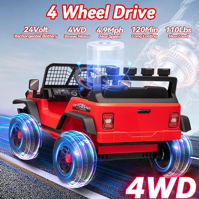 24V Ride on Toys w/Remote Control, 4WD Kids Ride on Truck Car, 3 Speed, Bluetooth Music, Wide Seat, Spring Suspension, LED Light, Birthday for Boys Girls Toddler (Black+Red)