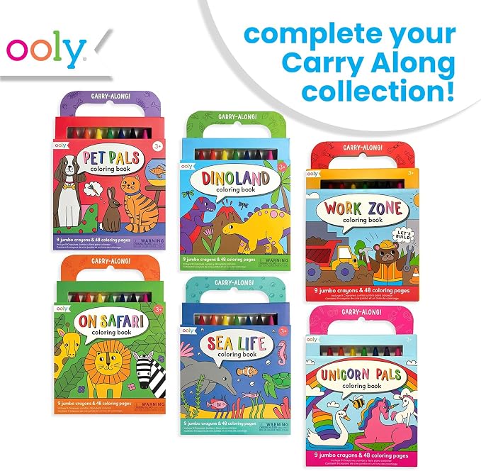 Ooly Kids Travel Activity Kit – 9 Jumbo Crayons & 48 Coloring Pages, Car Crafts for Kids, Mess-Free Road Trip Art Set, Airplane Activities – Work Zone