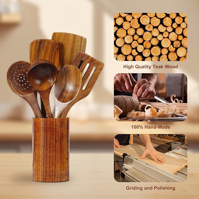 FJNATINH 6 PCS Teak Wooden Cooking Kitchen Utensils Set, Large Wooden Spoons for Cooking Mixing Baking, Non-stick Kitchen Utensils Set Gifts for Women Housewarming Gifts