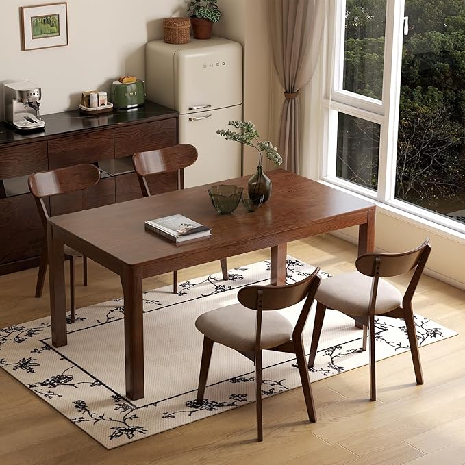 100% Solid Oak Dining Chairs, Mid Century Modern Dining Chair with Curved Backrest, Fabric Upholstered Dining Chairs for Kitchen, Study, Living Room (1, Walnut Wood-Gray Cushion)