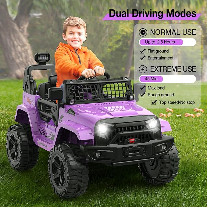 Hetoy 12V Ride on Toys with Parent Remote Control Toddler Electric Vehicle with Spring Suspension, LED Lights, Bluetooth, Music Player, 3 Speeds Ride on Car Truck for Kids Age 3-8 (Purple)