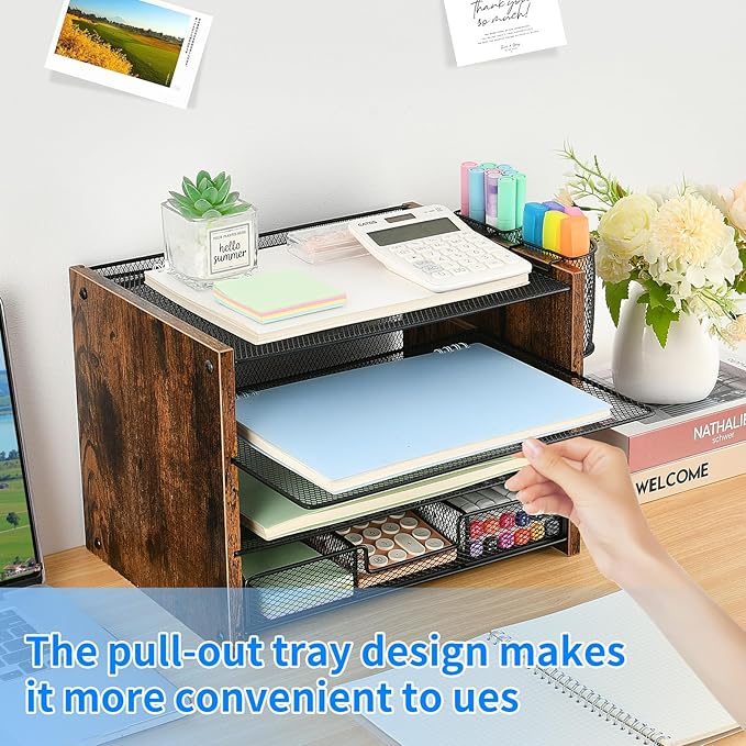 OPNCIE Desk Organizer and Accessories, 4-Tier Paper Letter Tray File Organizer with Drawer & 2 Pen Holder, Office Desk Accessories Workspace Desktop Organizer for Office Supplies(Brown)