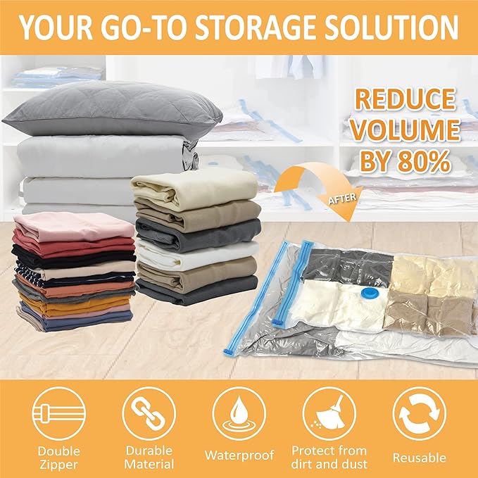 10 Jumbo Vacuum Storage Bags, Space Saver Bags Compression Storage Bags for Comforters and Blankets, Vacuum Sealer Bags for Clothes Storage, Hand Pump Included