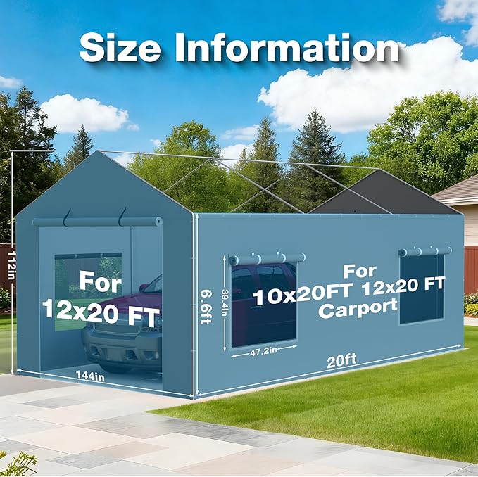 2 Pack Carport Canopy Replacement Sidewalls with Roll-up Windows, 2 Pack Zipper Doors for 12x20FT, Waterproof & UV Protected, Easy Assembly with Ball Bungees, Grey (Frame and Top Cover Not Included)