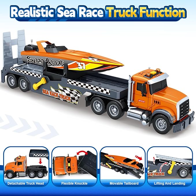 SpringFlower 3 4 5 6 Boy Toys, Extra Large Truck Toy with Sounds & Lights, 21" Semi Truck Toy Flatbed Transport Boat Vehicle，2 in 1 Kids Boy Toddlers Age 3 4 5 6 7 Birthday Gifts