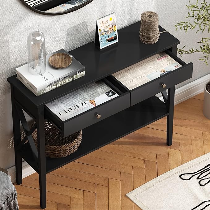 ChooChoo Console Table with Drawers, Narrow Wood Accent Sofa Table Entryway Table with Storage Shelf for Entryway, Front Hall, Hallway, Living Room, Black