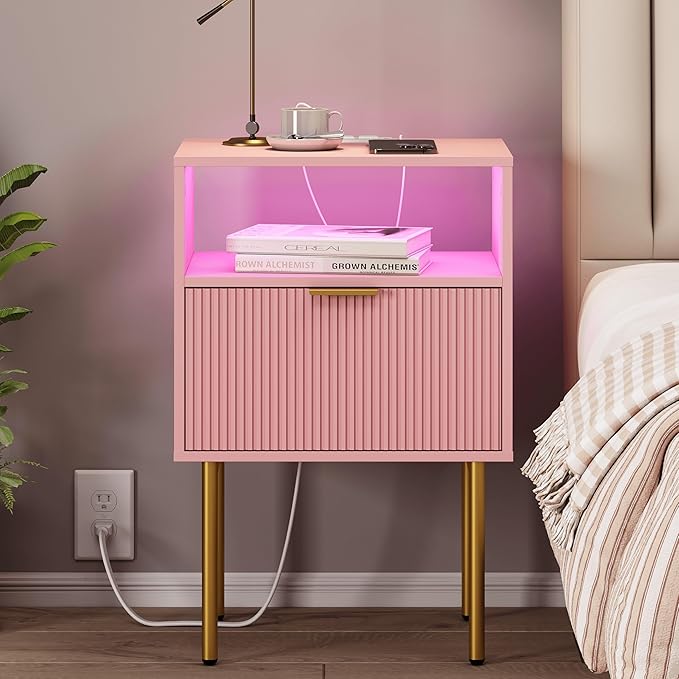 Modern Nightstand with Charging Station and LED Lights, White Bedside Table with Drawer, Fluted Side Table for Living Room, Bedroom
