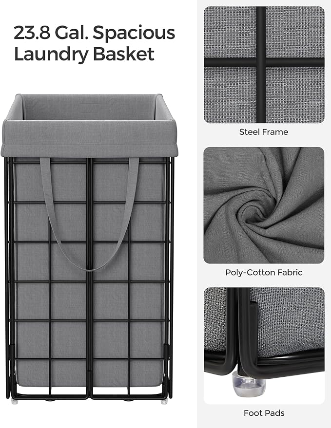 SONGMICS Laundry Hamper, 23.8 Gal. (90L) Laundry Basket, Collapsible Clothes Hamper, Removable and Washable Liner, Metal Wire Frame, for Bedroom Bathroom, Black and Gray ULCB190G01