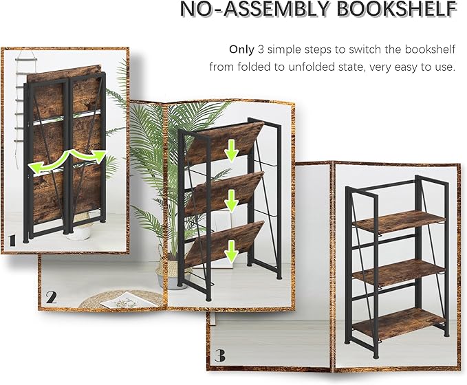 4NM No Assembly Folding Bookshelf Storage Shelves 3 Tiers Vintage Bookcase Standing Racks Study Organizer Home Office (Rustic Brown Black)