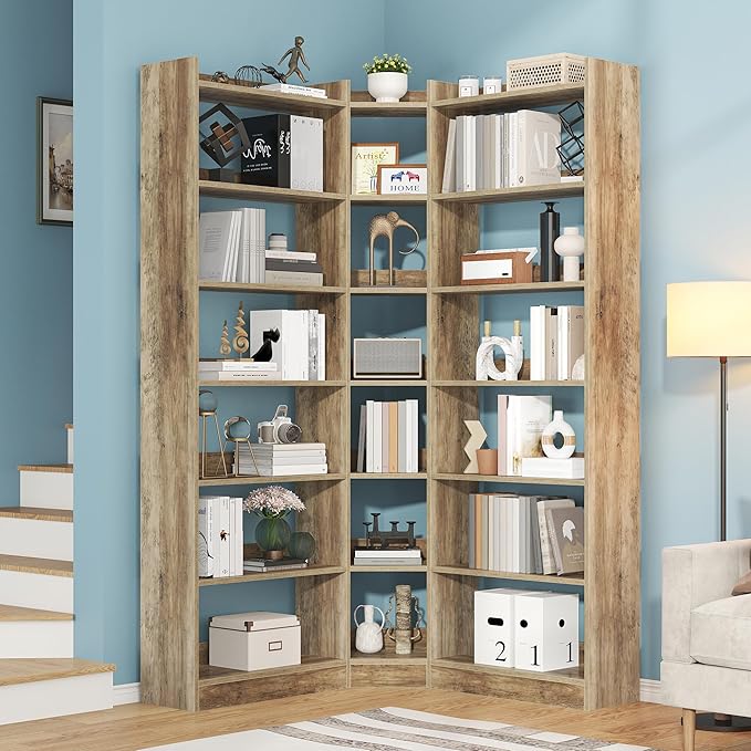 70.8" Tall Corner Bookshelf and Bookcases, 7 Tiers Morden Large Etagere Bookcases Storage Display Rack with Baffle, Industrial L-Shaped Bookshelves for Bedroom, Home Office, Living Room, Brown
