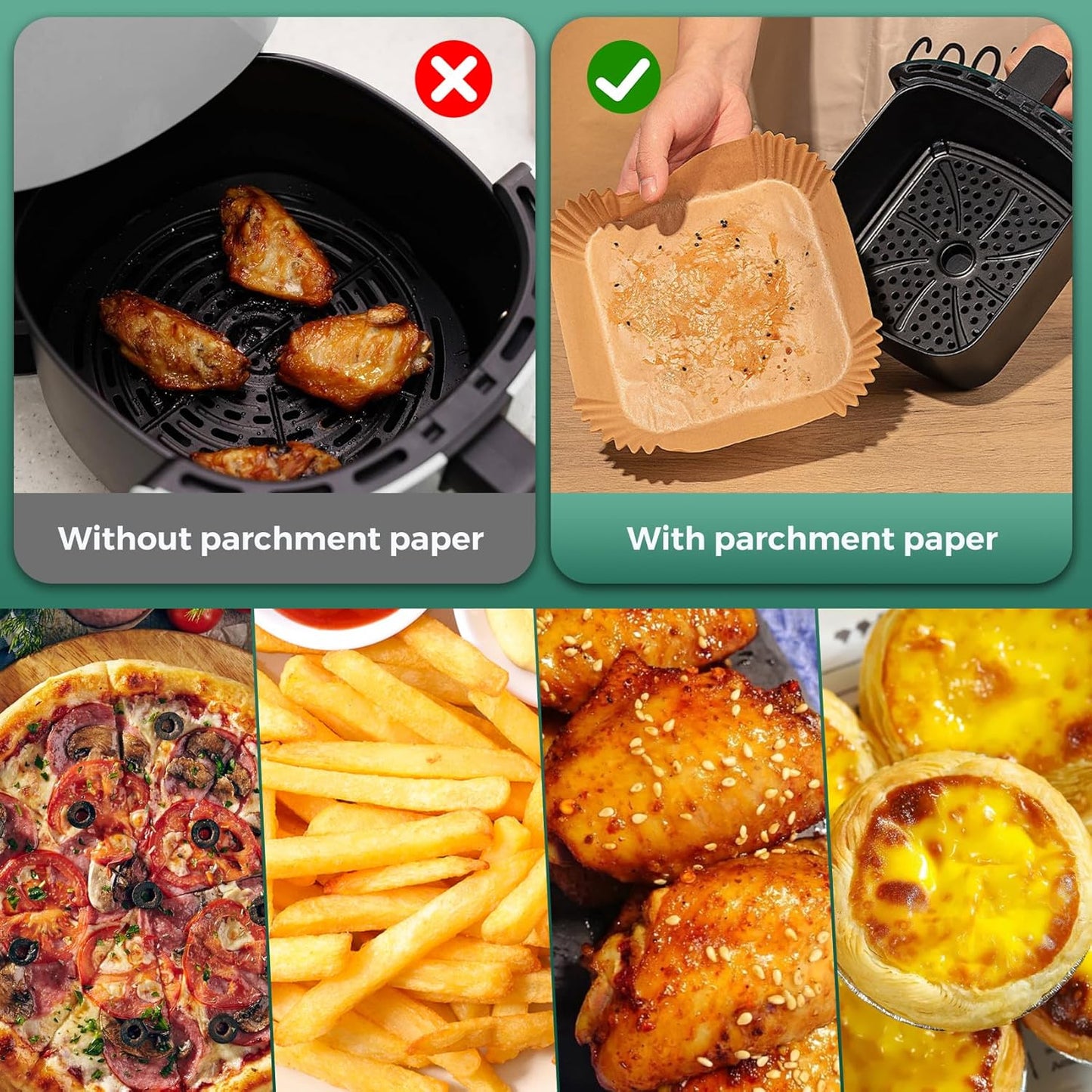 Vailnd Air Fryer Liners Disposable, 150 Pcs 8" Unbleached Parchment Paper Sheets Square, Heavy-duty Baking Paper Liner for Air Fryers Cooking Oven Steamer, Non-Stick, Grease-Resistant