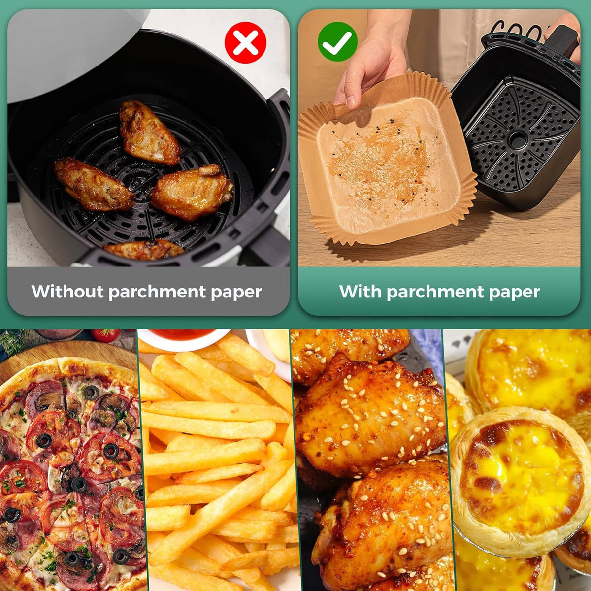 300 Pcs Air Fryer Paper Liners, 8" Square Air Fryer Liners Disposable, Heavy-duty Parchment Paper for 5-8 qt Airfryer Basket, Non-Stick & Grease Proof Baking Liner for Oven Pan
