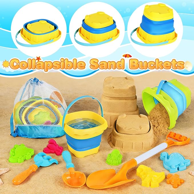 AuroTops Beach Toys for Kids,Collapsible Beach Buckets and Shovels Set with Mesh Bag,Sand Rake Toy,Cute Sand Molds for Kids and Toddlers Outdoor Toys,Summer Travel Beach Game Set