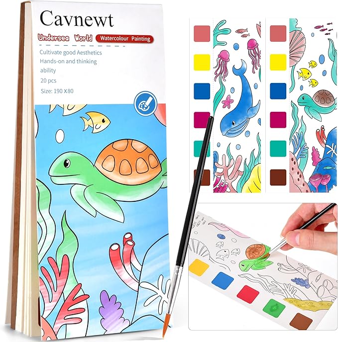 Cavnewt Pocket Watercolor Painting Book,21-Pages,Travel Paint Watercolor Coloring Book Set for Kids 3-8 Years Old,Boys and Girls Party Birthday Thank You Exchange Art Craft Gifts-Undersea World