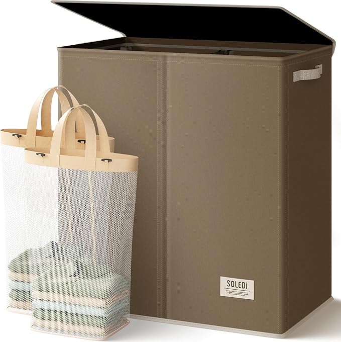SOLEDI Large Double Laundry Hamper with Lid, Collapsible Clothes Hamper 2 section with Removable Bags, Space-Saving Laundry Basket for Bedroom, Dorm, College
