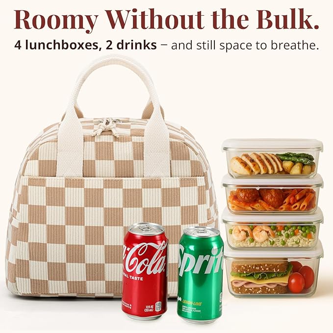 Insulated Brown checkered Lunch Bag for Women, Corduroy Tote with Aluminum Lining, Large Capacity Reusable Cooler for Work, Travel, Beach or Picnic, Checkered Water-Resistant Lunch Box