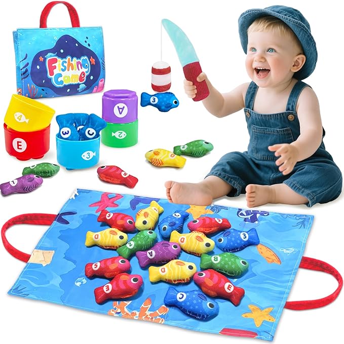Montessori Toys for 1 Year Old, Toddler Fishing Game with Stacking Cups, Learning Educational Toys for 1 2 Year Old Boy Girl Birthday Gifts, Baby Toy 12-18 Months, Sensory Sorting Toy for Toddlers 1-3