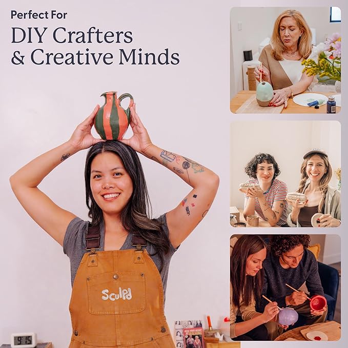 Sculpd - The Original Pottery Kit for Adults - Air Dry Clay for Adults, Tools, Varnish, Paints, Brushes, Couples Date Night Arts & Crafts Set, Gloss Varnish with Pastel Tones