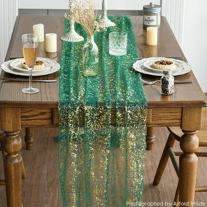 Artoid Mode Green Gold Gauze Table Runner 120 Inch 10FT, Glitter Metallic Foil Sheer Dining Wedding Anniversary Holiday Table Decor for Home Party
