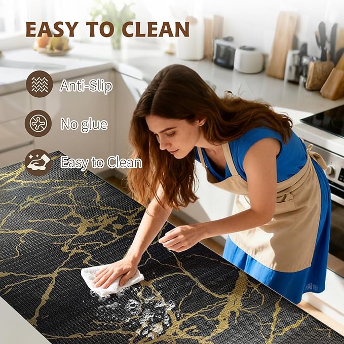 2-Layer Drawer and Shelf Liner for Kitchen Cabinet: 12in X 20Ft Non Slip Waterproof Shelf Paper Non Adhesive Refrigerator Liners Black/Gold Marble Easy Liners for Bathroom with Knife Tape Measure