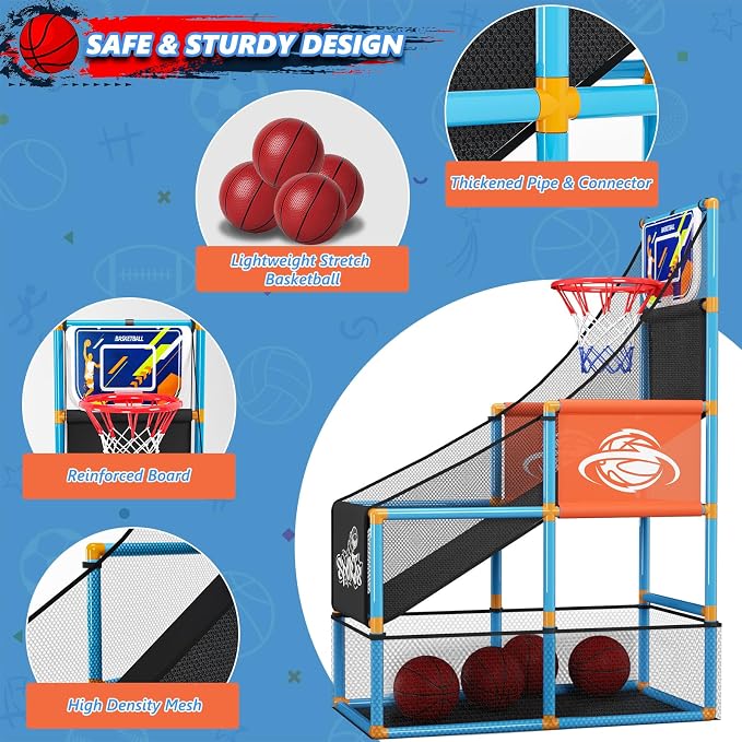 Arcade Basketball Game Set Boy Toys: Indoor Basketball Hoop with 4 Balls Outdoor Sports Toy for Kids 3-12 Years Old Adjustable Height with Air Pump Kid Party Games Birthday Gifts for Boys Girls Teens