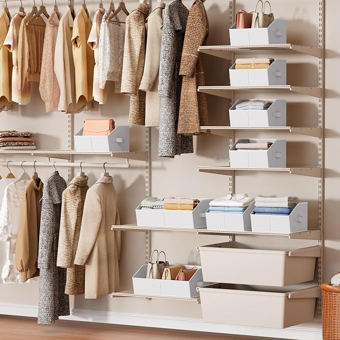 Storage Bins for Shelves - Large Trapezoid Closet Shelf Organizer, Fabric Organization Bins with Handles, Storage Baskets for Clothes, Towel, Purse, 6 Pack, White