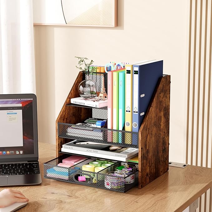 Wooden Desk Organizer - Mesh File Organizer with Drawers and Pen Holder - 4-Tier Vertical Paper Letter Storage Tray, Desktop Organizers and Accessories for Home Office