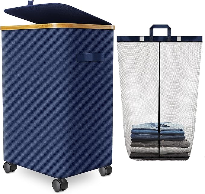 Laundry Hamper with Wheels,20 Gal (75L) Laundry Basket with lid Rolling Clothes Hamper Foldable Dirty Clothes Basket on wheels with Bamboo Frame and Bag for Bedroom, Dorm, Laundry Room-Blue