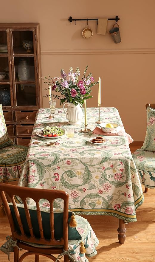 patdrea Designer Green Long Table Cloth for Rectangle Table,Vintage Linen Leaves Pattern Tablecloth,Floral Decor Cover for Kitchen Dining Christmas,Tea Party,Thanksgiving,63"x94"-Cecilia a