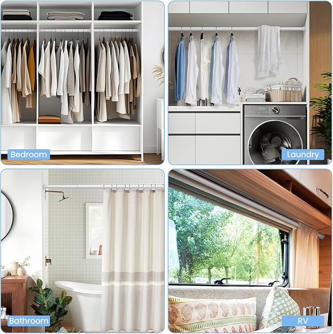 Closet Rods for Hanging Clothes, 17 to 84 Inch Heavy Duty Stepless Adjustable Closet Hanging Rod, 1.3 Inch Diameter Metal Closet Rod for Wardrobes Laundry Bedroom RV, White