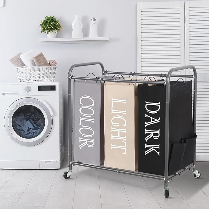 STORAGE MANIAC 3 Section Laundry Sorter, 35.9 Gal (136 L) Laundry Hamper Cart with Heavy Duty Rolling Lockable Wheel and Removable Bag, Clothes Organizer Basket Clothes Separator Hamper, Multicolored